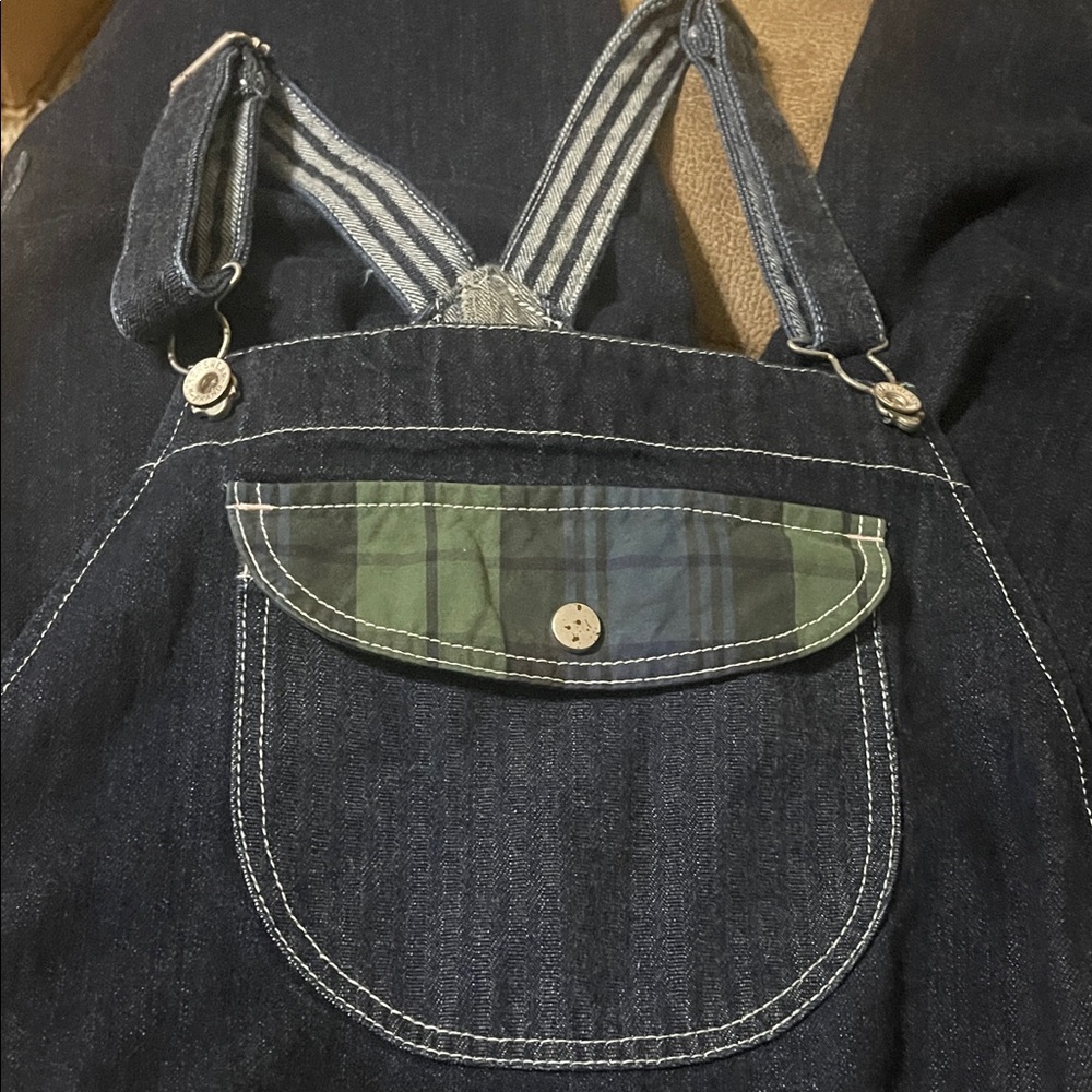 Denim Overalls with Plaid Pocket